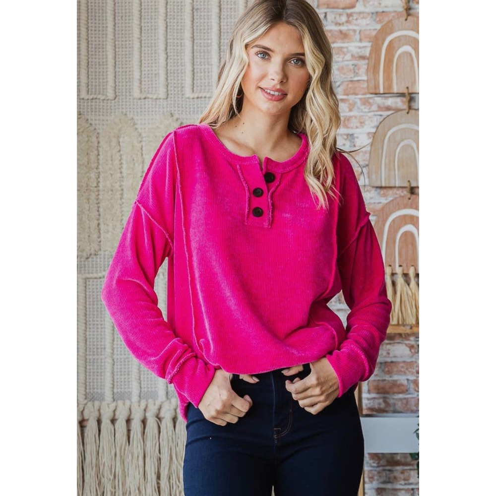 7th Ray Hot Pink Velour Henley Top Ribbed Long Sleeve Oversized Pullover Md NWT